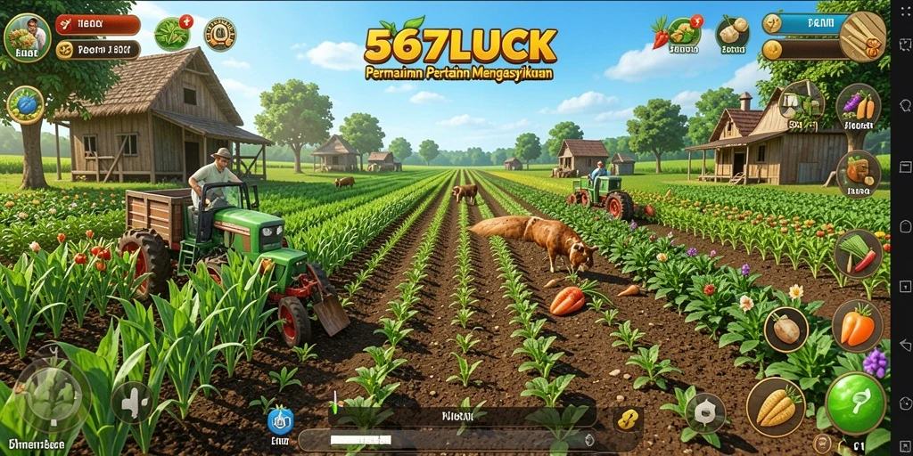 Tampilan gameplay <strong>567LUCK</strong> dengan berbagai tanaman dan hewan ternak di ladang.
