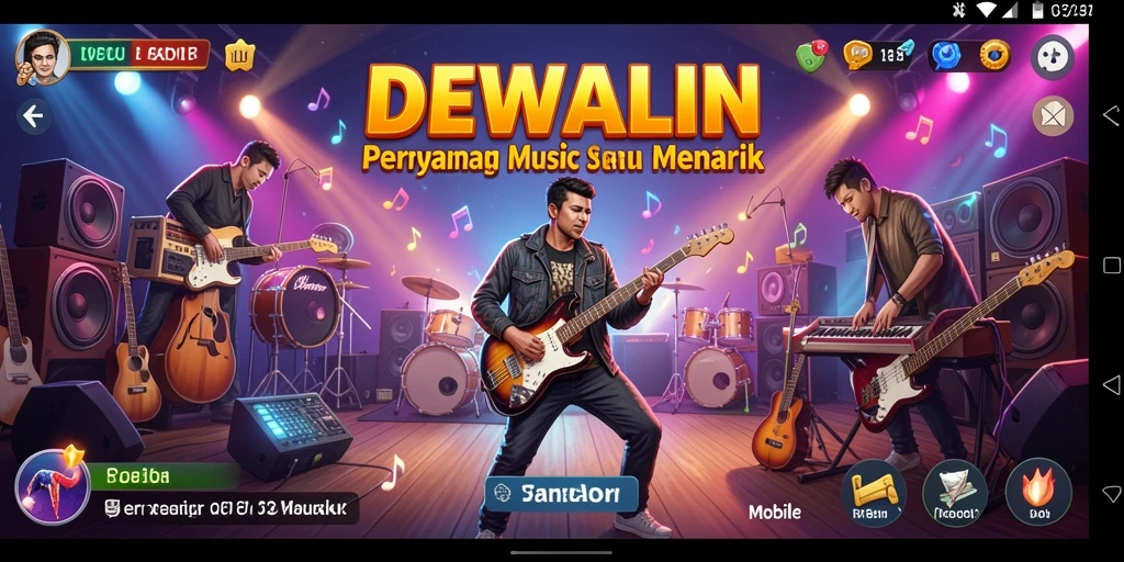 Tampilan gameplay DEWALIN dengan berbagai alat musik dan lagu.
