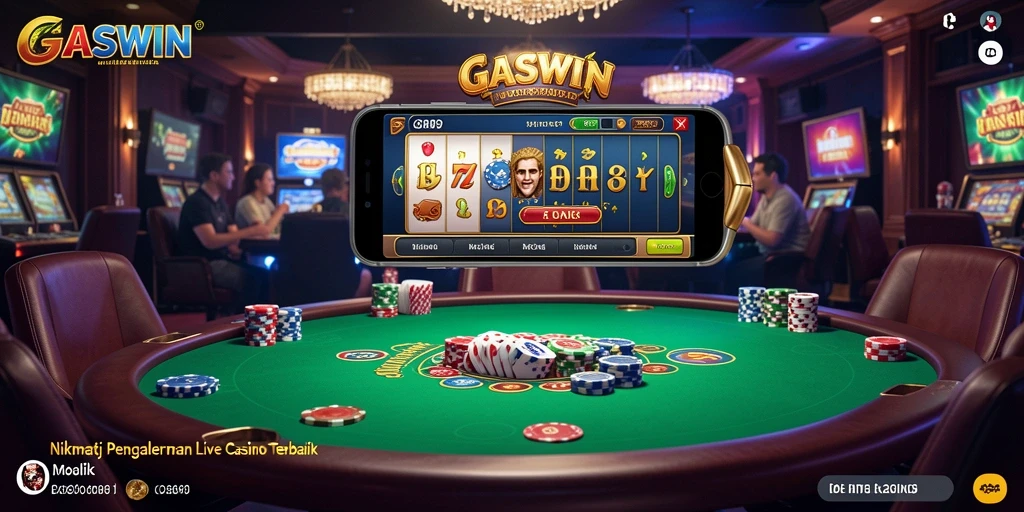 Screenshot gameplay GASWIN menunjukkan dealer kompeten dan suasana kasino yang hidup.